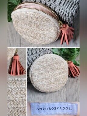 Anthropologie Woven Seagrass Zippered Coin Purse + Leather Tassel, 4.5" x 4.5"